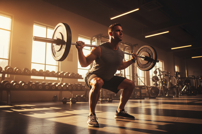 A man lifting weights at the gym bathed in warm light