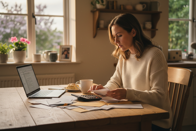 a mother budgeting bathed in warm beige light 